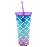 Plastic Tumbler Cup with Straw, Mermaid Design, Purple & Blue, 650ml