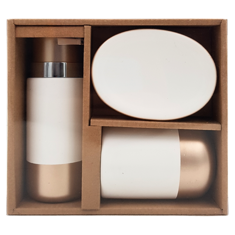 81880063579 Pacific Club, Ceramic Bath Accessories Set, White & Gold (3 Piece) - Image 1